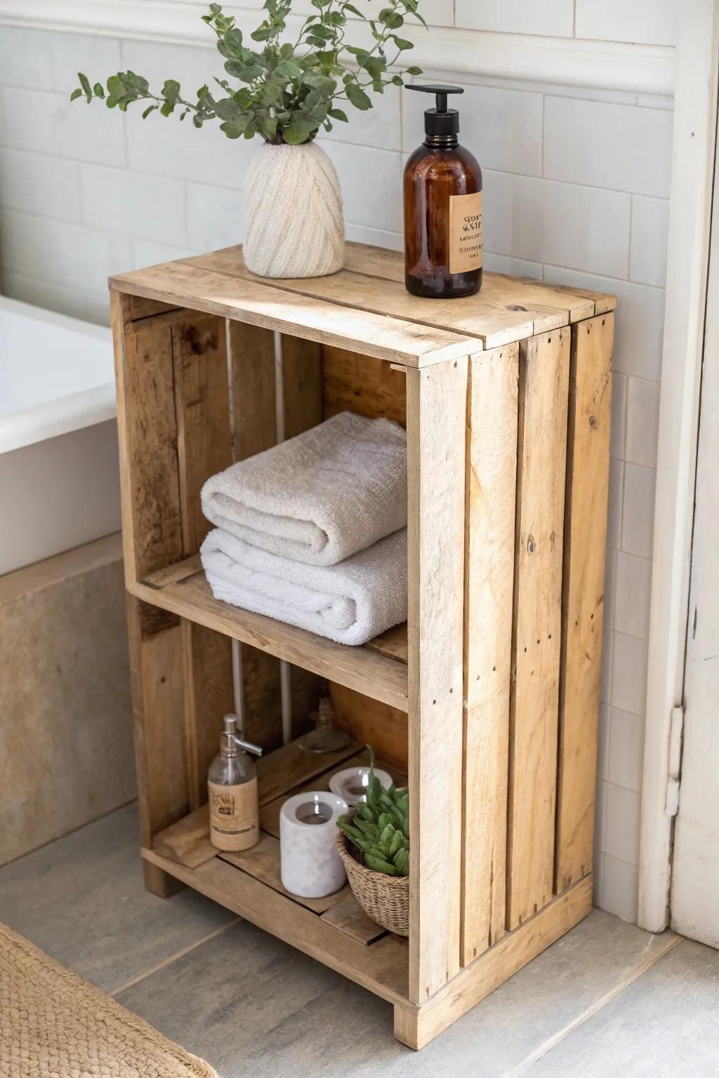 Upcycled stacked wooden crates create a chic open bathroom cabinet with airy cubbies and warmth.