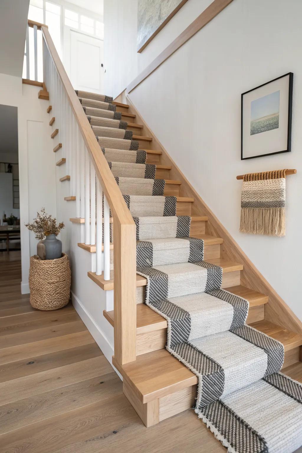 Dip-dye ombre carpet treads turn an open oak staircase into a soft, modern art moment.