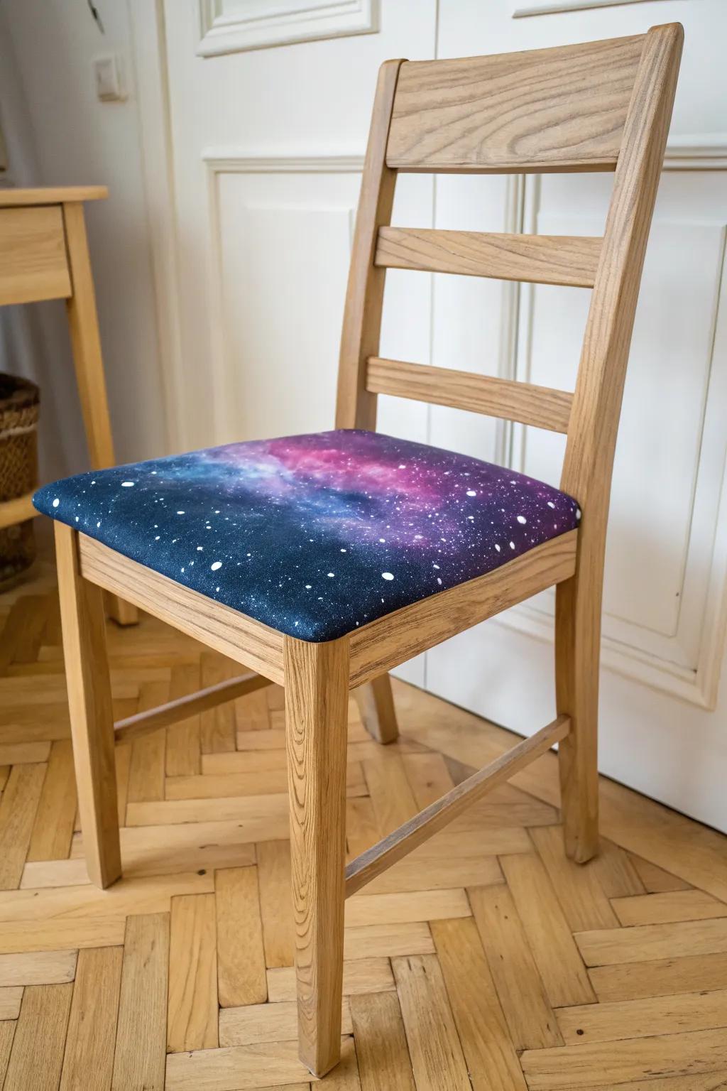 A simple wooden chair transformed into a dreamy galaxy—stars, constellations, and rich night hues.