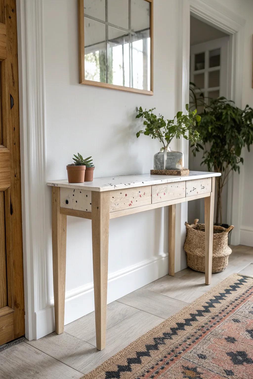 Terrazzo speckles add playful texture to a painted console—artsy, calm, and beautifully handmade.
