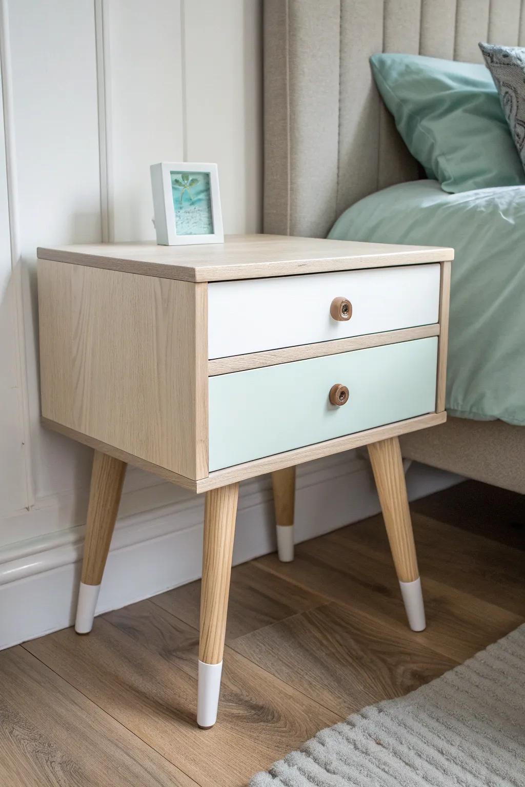 A minimalist painted nightstand with hidden glow-in-the-dark stars for soft nighttime guidance.