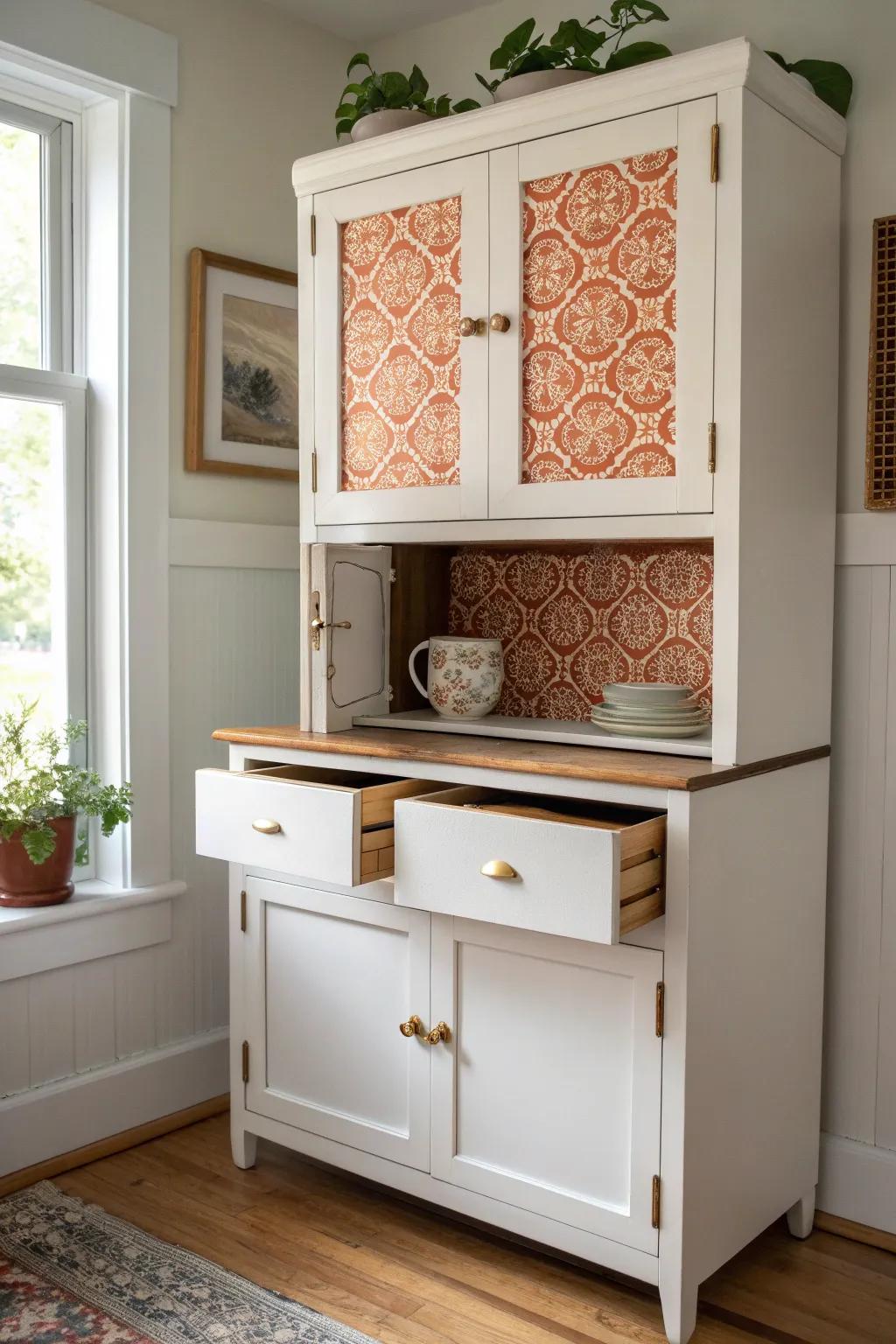 A hidden surprise: bold terracotta and pattern inside the drawers of a painted Hoosier cabinet.