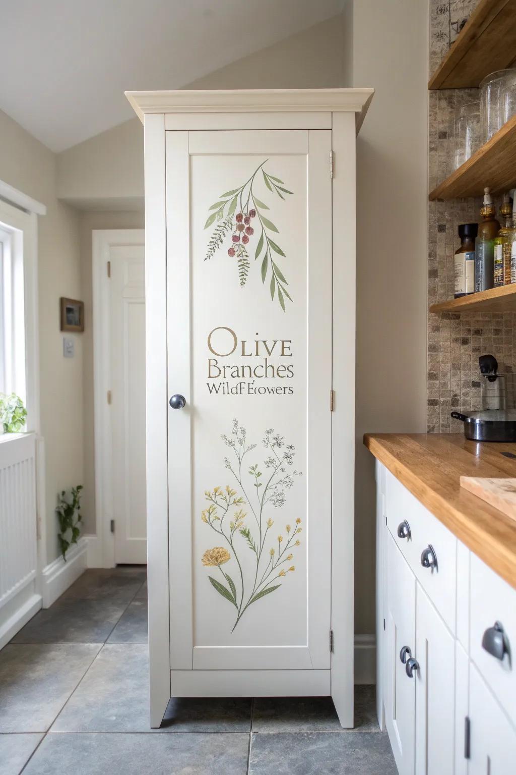 A hand-painted botanical mural turns one pantry door into calm, functional kitchen art.
