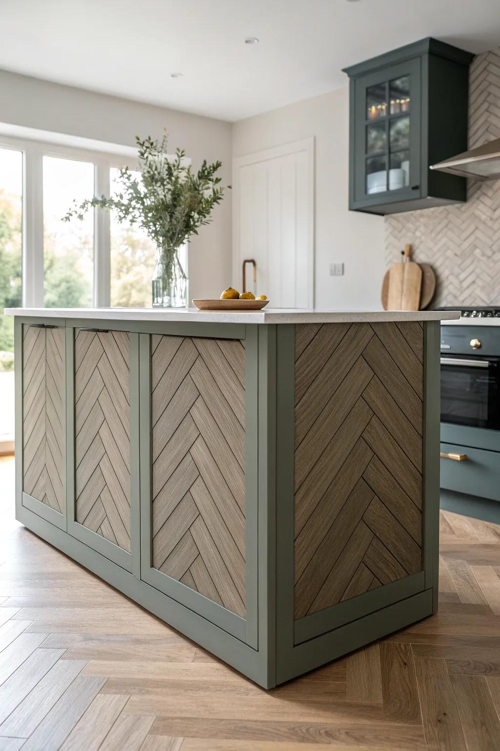 Moody paint + herringbone end panels: a handcrafted island detail that steals the spotlight.