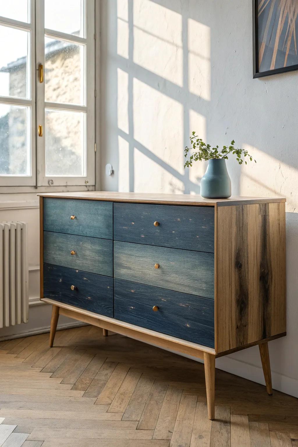 Galaxy-wash sideboard: deep midnight tones, soft star-speckle texture, minimalist warmth.