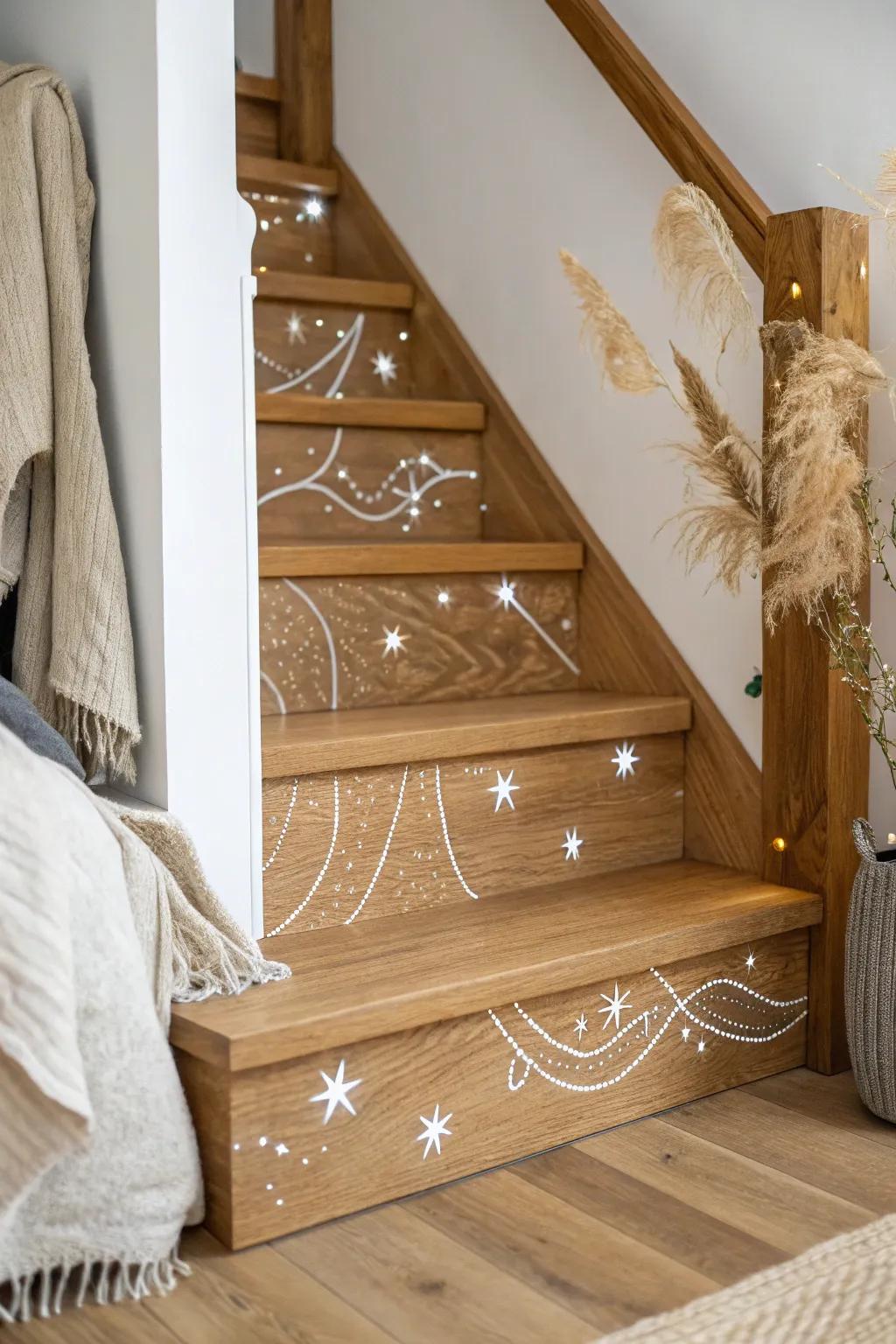 Constellation-painted risers with a hidden glow—subtle by day, softly magical at night.