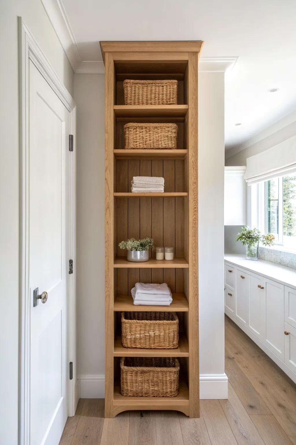 Hidden near-ceiling backstock shelf: store extras up high and keep everyday pantry shelves serene.