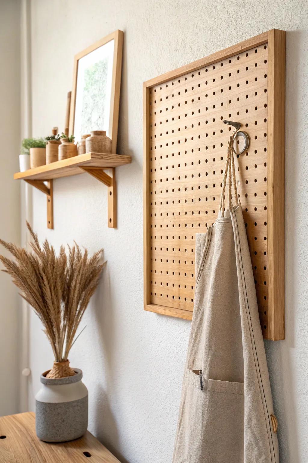 A softly backlit pegboard turns everyday storage into a warm, crafted feature wall.