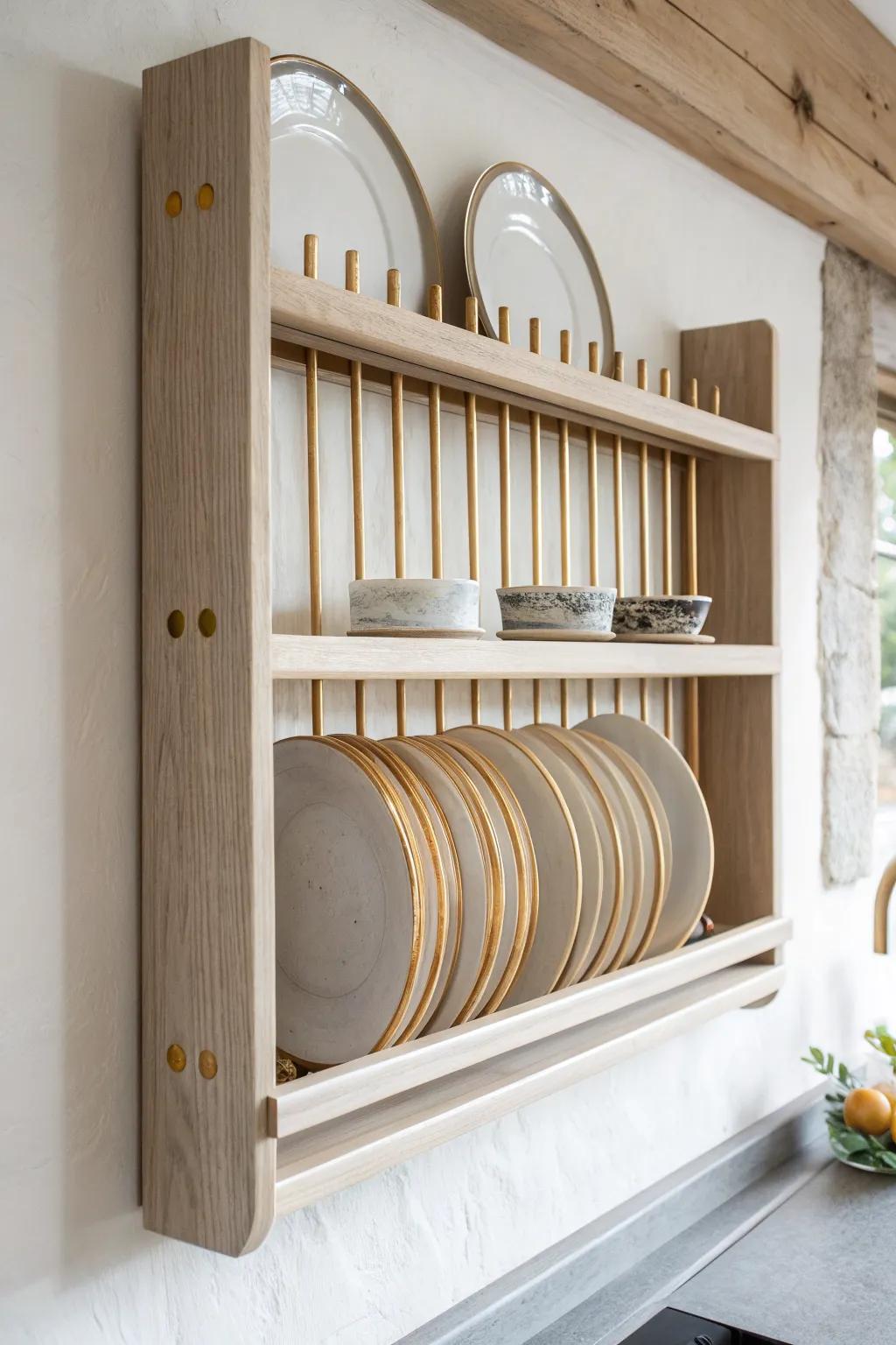 Oak plate rack with brass accents and a resin inlay—minimal wall art for a bold dish display.