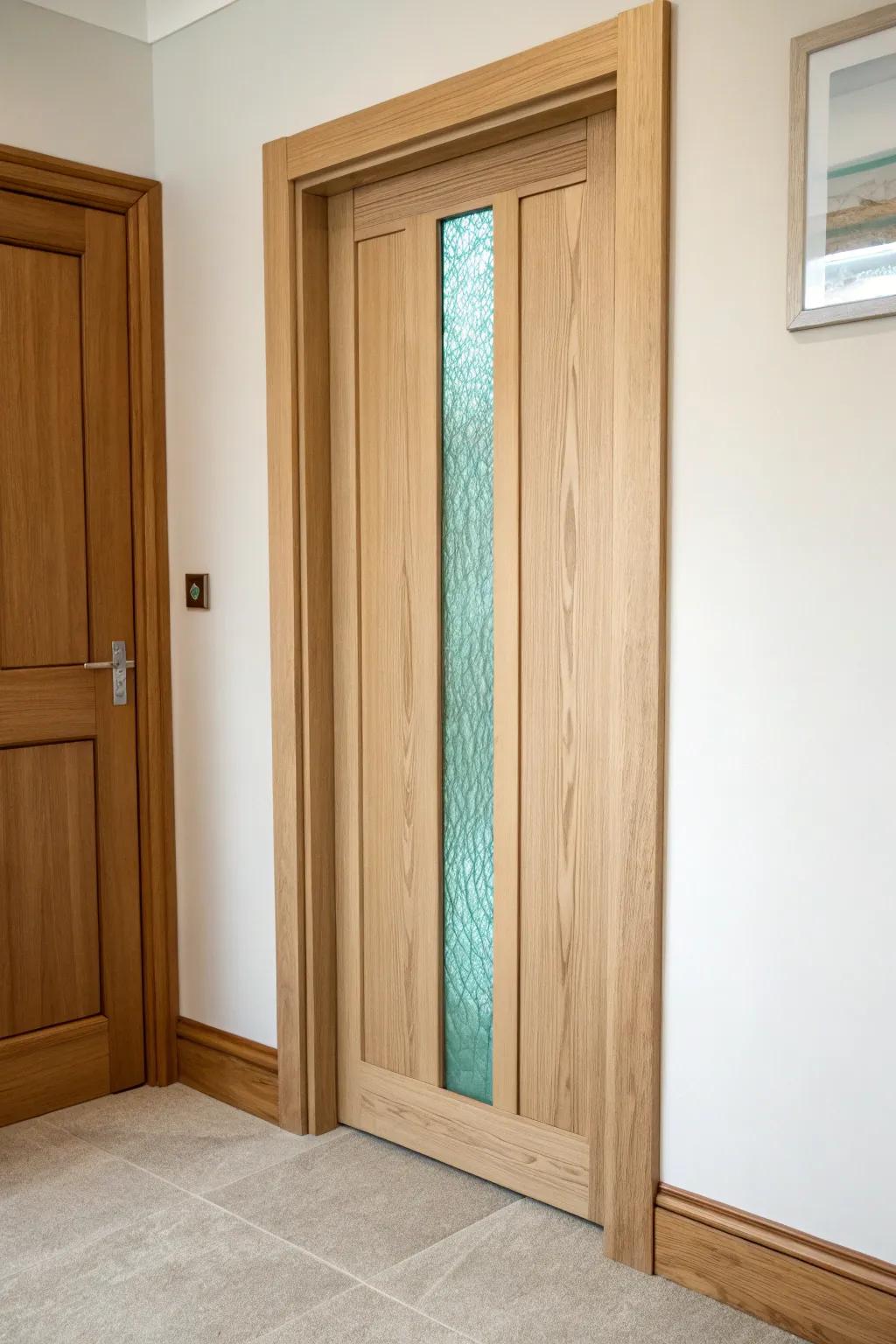 A slim sea-glass resin inlay turns a pocket door into a calm, crafted bathroom statement.