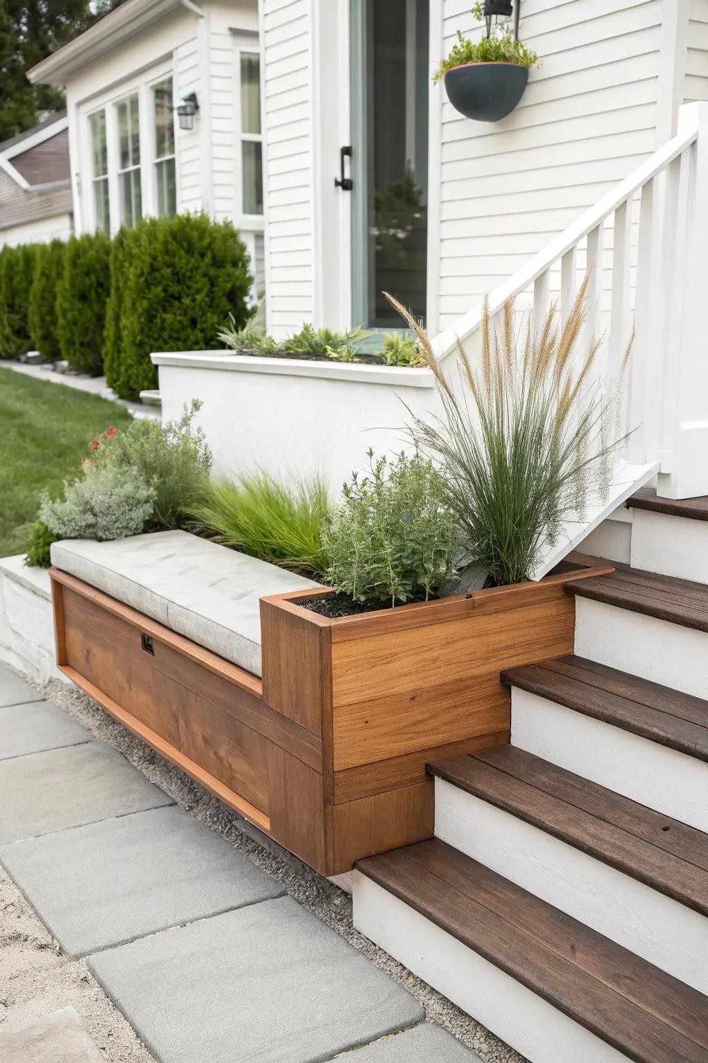 A built-in planter bench makes raised ranch steps feel grand—simple, crafted, and beautifully green.