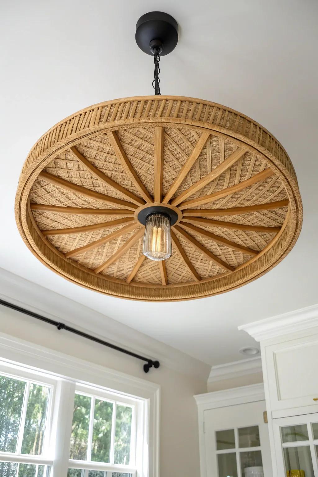 A woven rattan ceiling medallion stained to match wood tones—minimal, boho, and timeless.