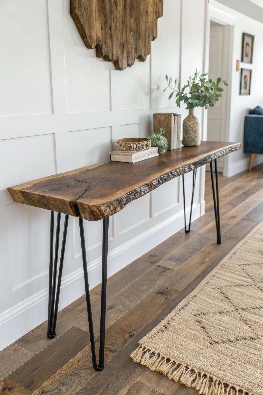 A sculptural live-edge console that turns any reception area into a warm, tactile wow.