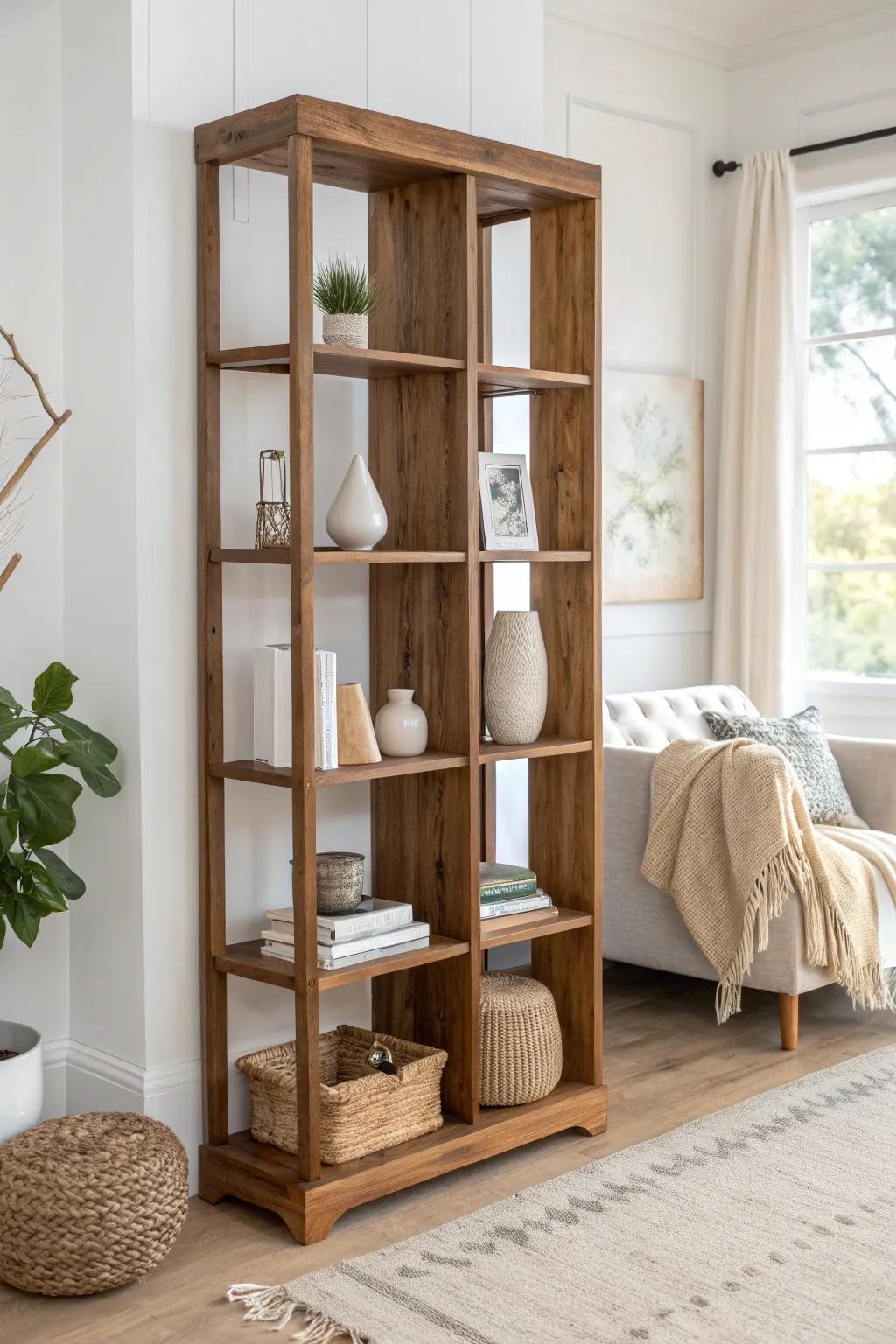 Reclaimed wood divider shelving—staggered cubbies that add airy separation and warm texture.