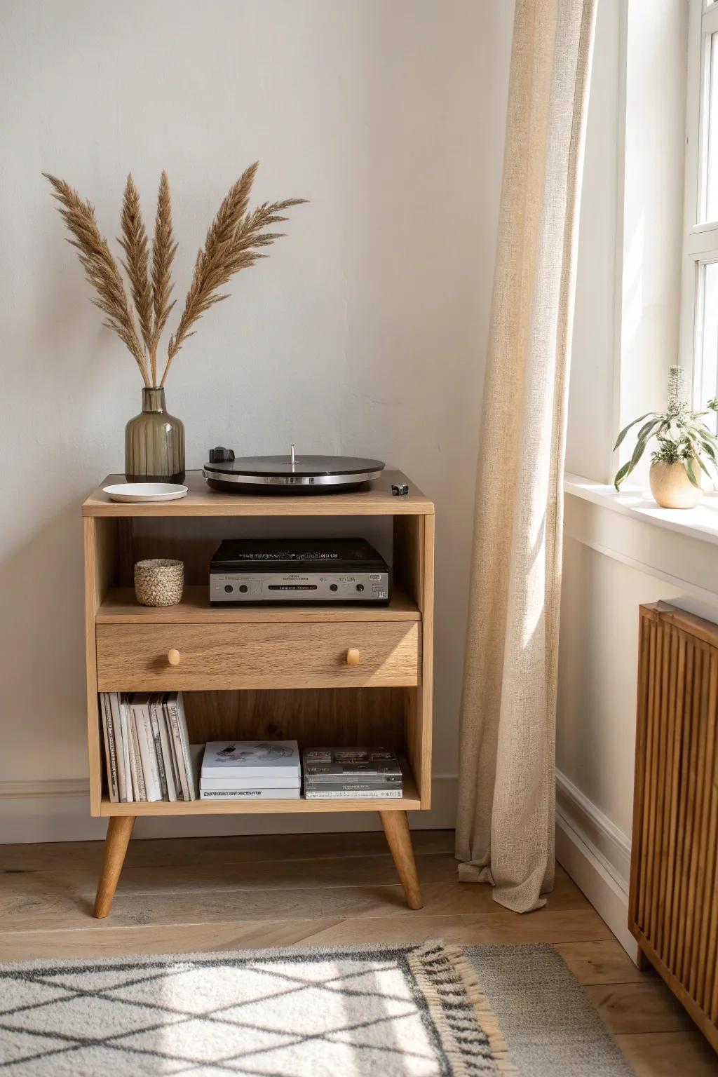 A sleek oak record player stand with a hidden hatch that keeps every wire beautifully out of sight.