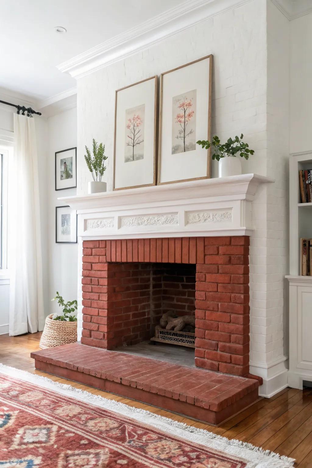 A plaster picture-frame surround turns a red brick fireplace into a clean, artful focal point.