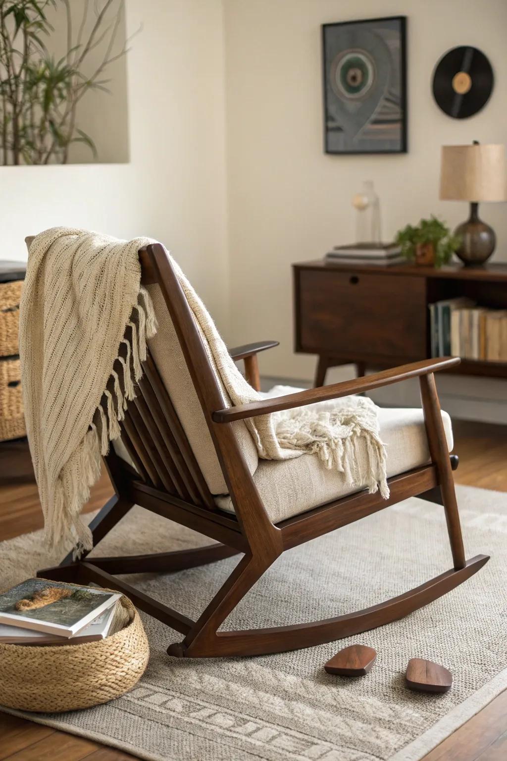 Handcrafted oak rocking chair + warm lamp glow—minimalist listening corner for slow playlists.
