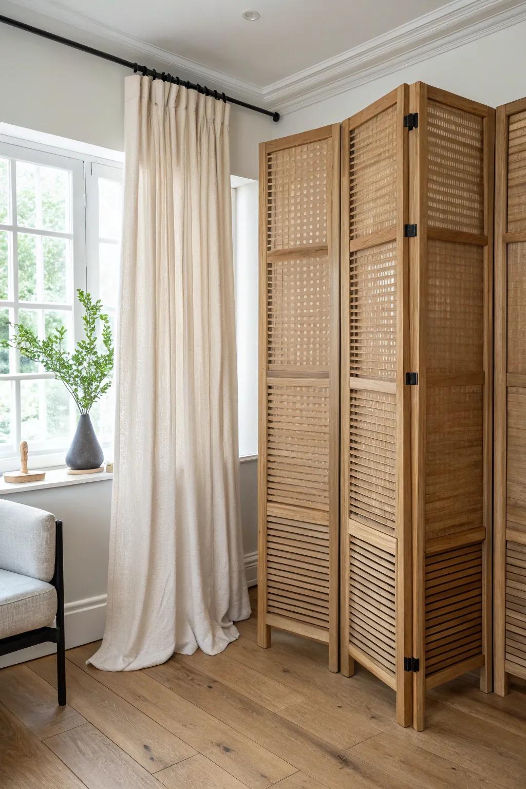 Light oak slats + linen curtain: a two-layer divider that feels like a real bedroom in a studio.