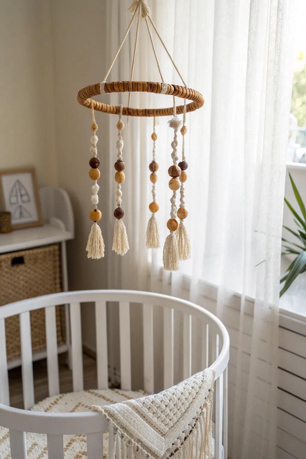 A driftwood halo mobile above a round crib—minimal, airy, and quietly magical.