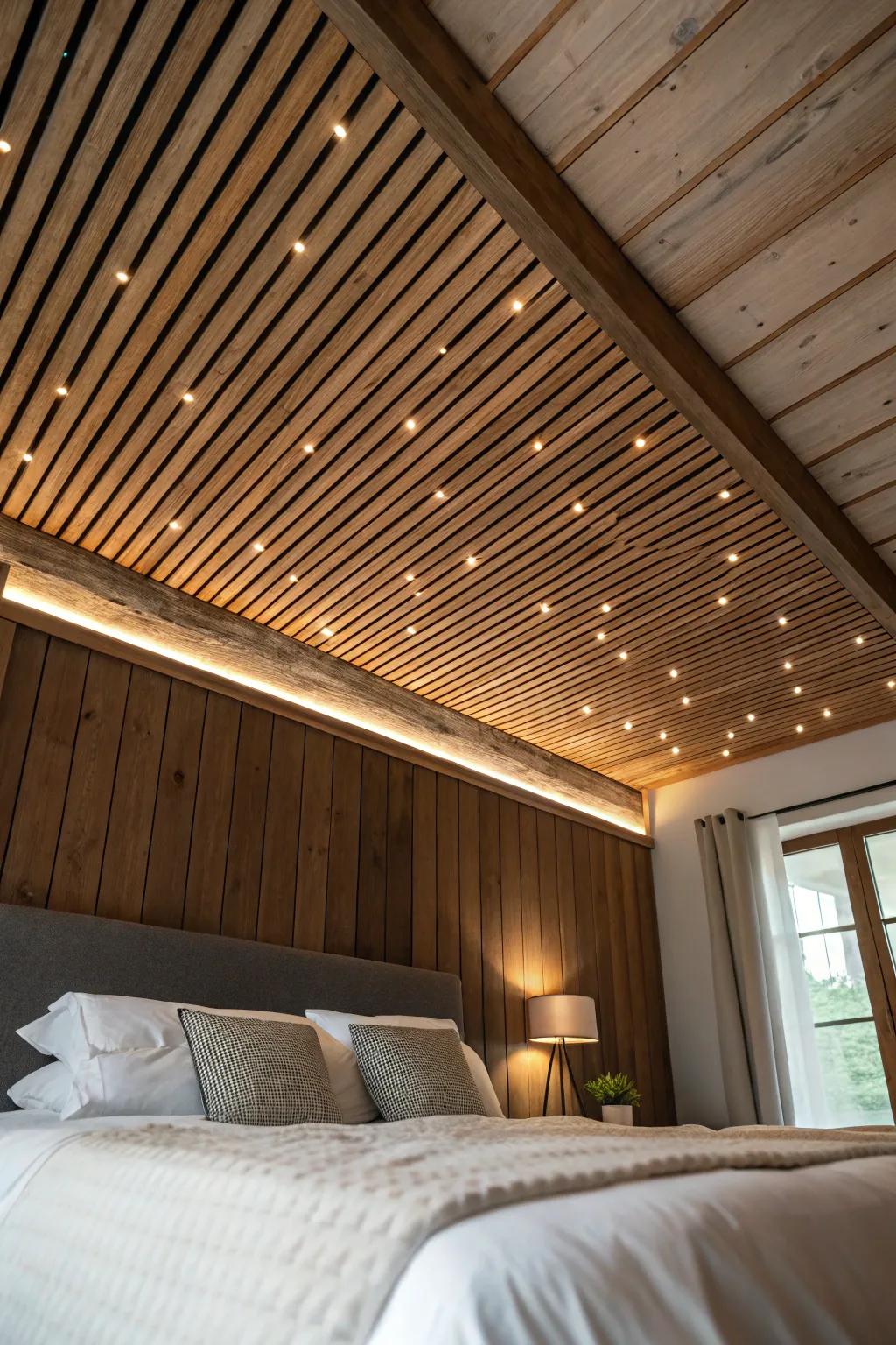 Wood-slat star ceiling: warm pin lights over the bed for a cozy rustic couples retreat.