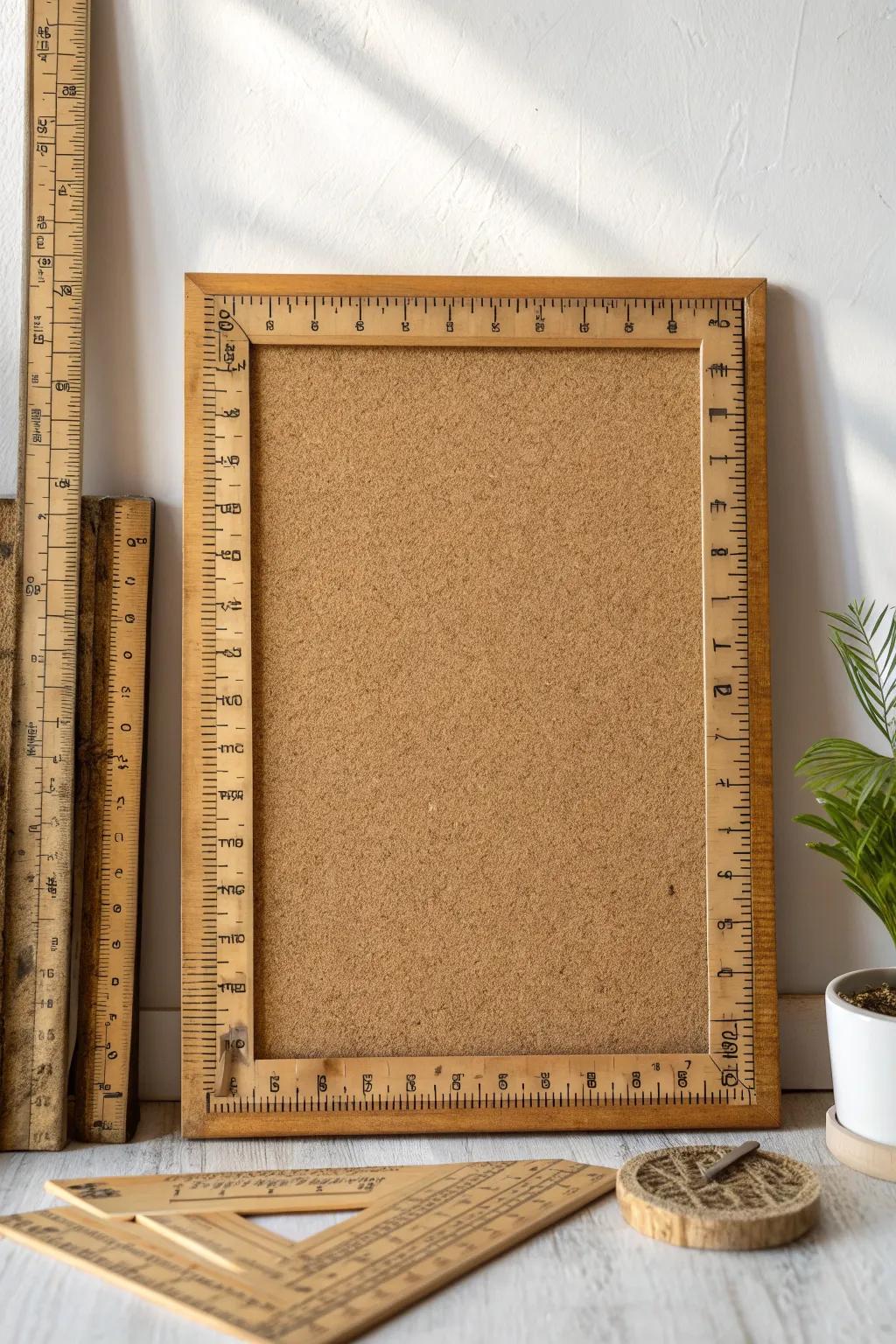 Rustic cork board framed with antique wooden rulers—minimal, warm, and beautifully vintage.