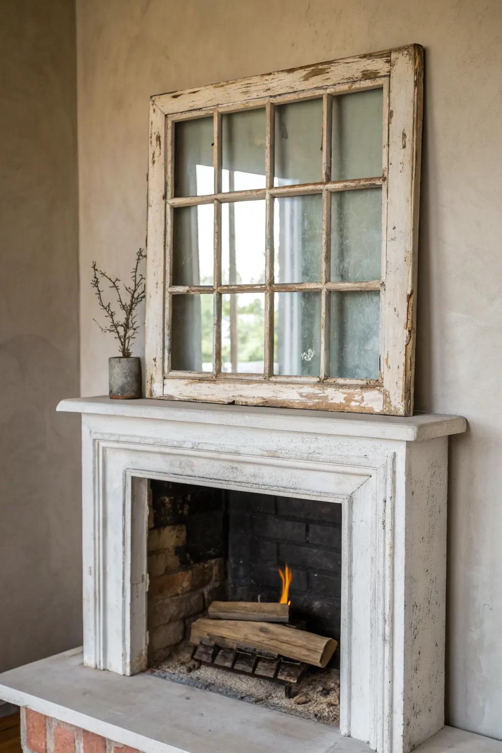 A rescued vintage window frame turns a simple corner fireplace into a rustic statement piece.