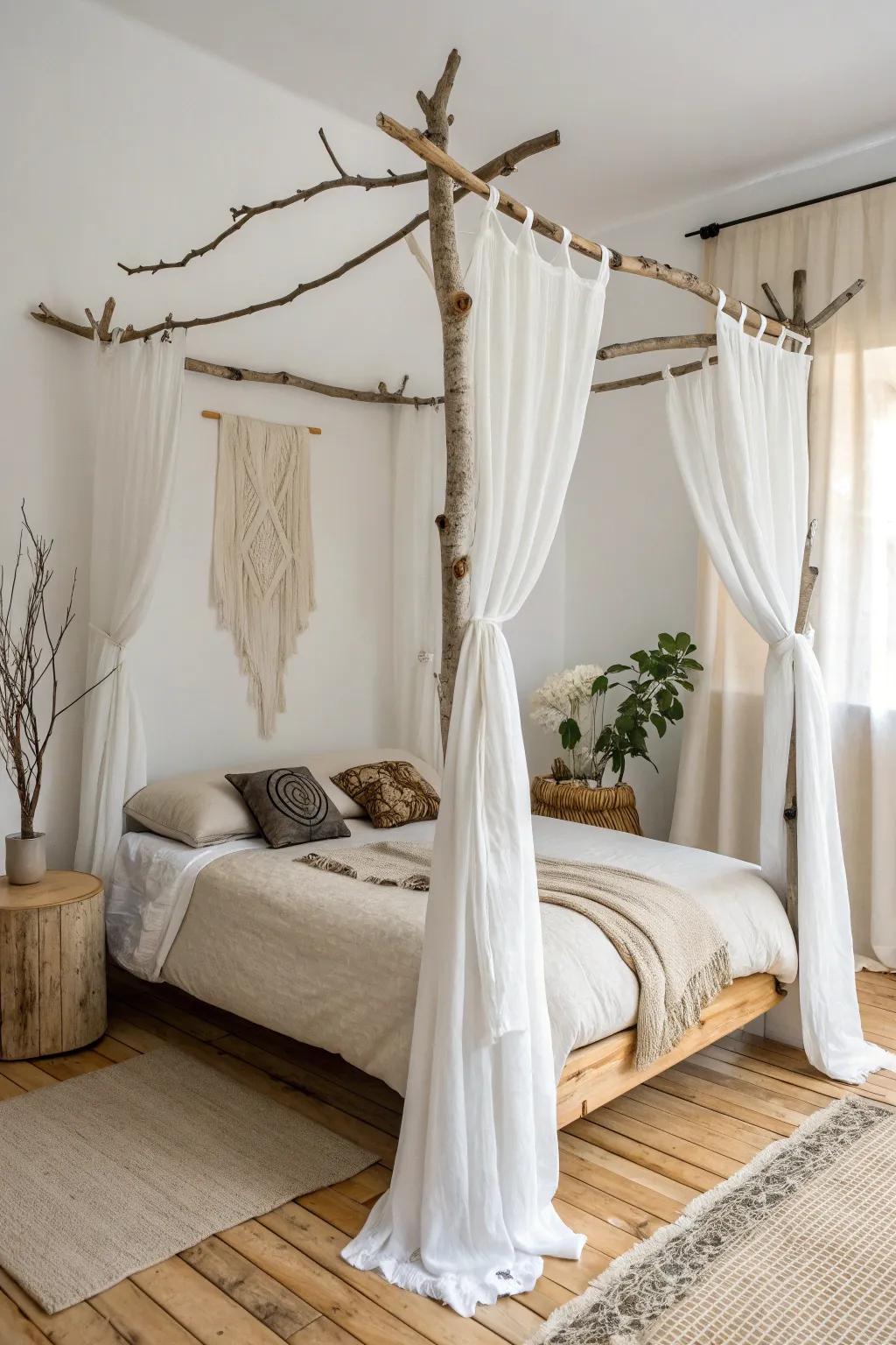 Rustic romance: smooth branch canopy with airy linen drapes for a cozy cottage feel.