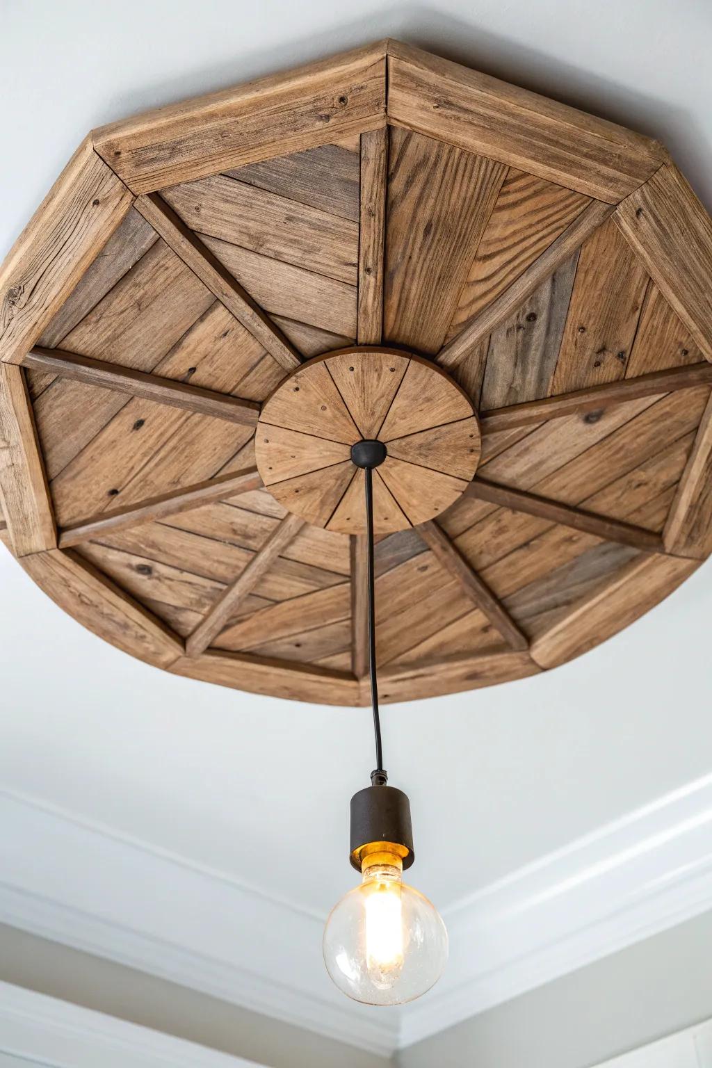A salvaged-wood ceiling medallion adds rustic charm—subtle at first, unforgettable up close.