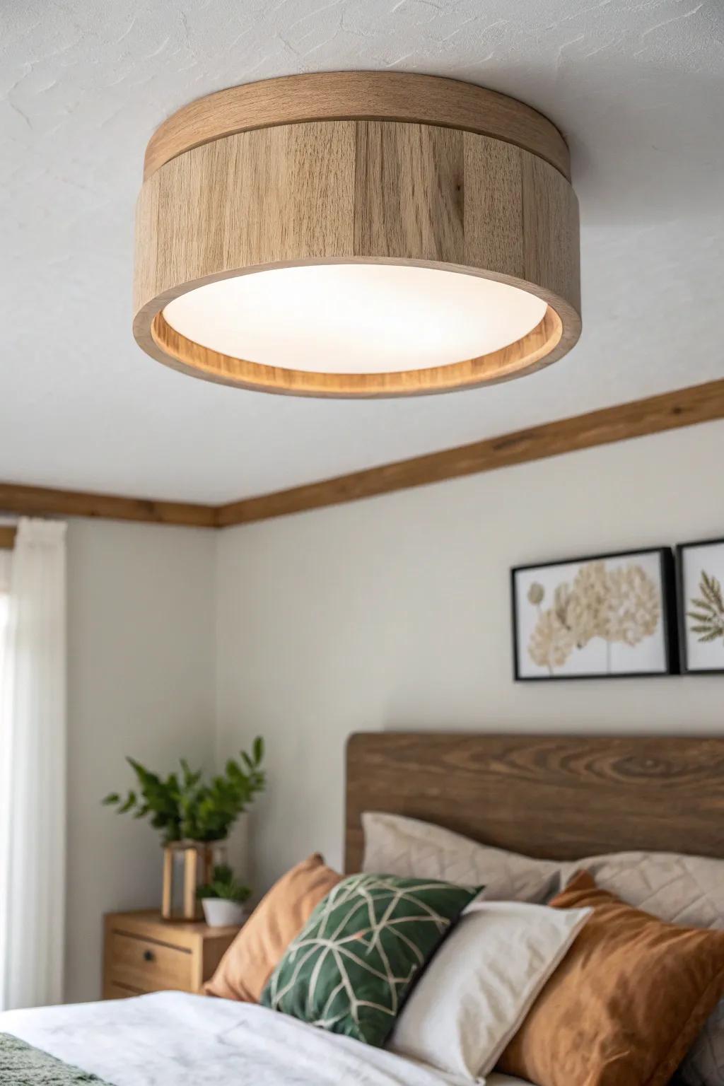 Cork-lined wood drum flush mount for a warm, quiet glow and rustic texture.