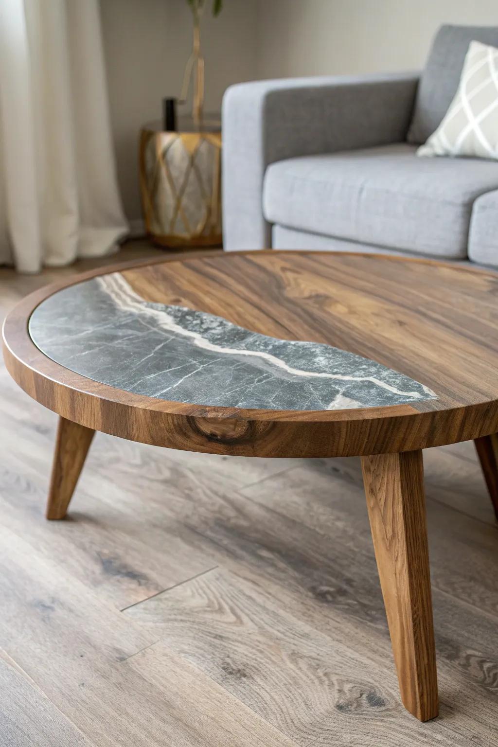 Rustic brown wood meets smoky grey resin—an elegant statement table with modern contrast.