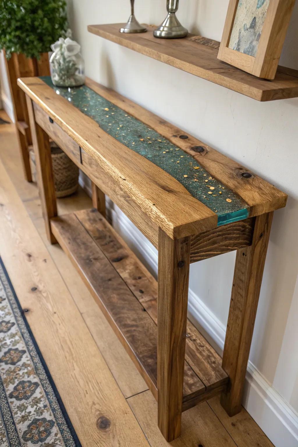 A rustic hallway shelf with a slim resin “river” inlay—modern shine meets reclaimed wood.