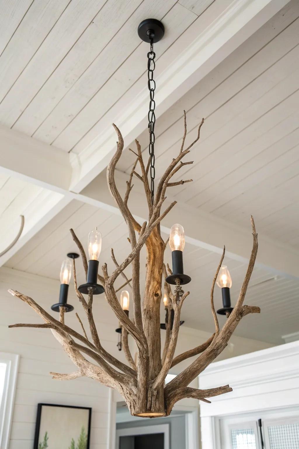 Sculptural driftwood chandelier: rustic character, soft glow, and minimalist Nordic calm.