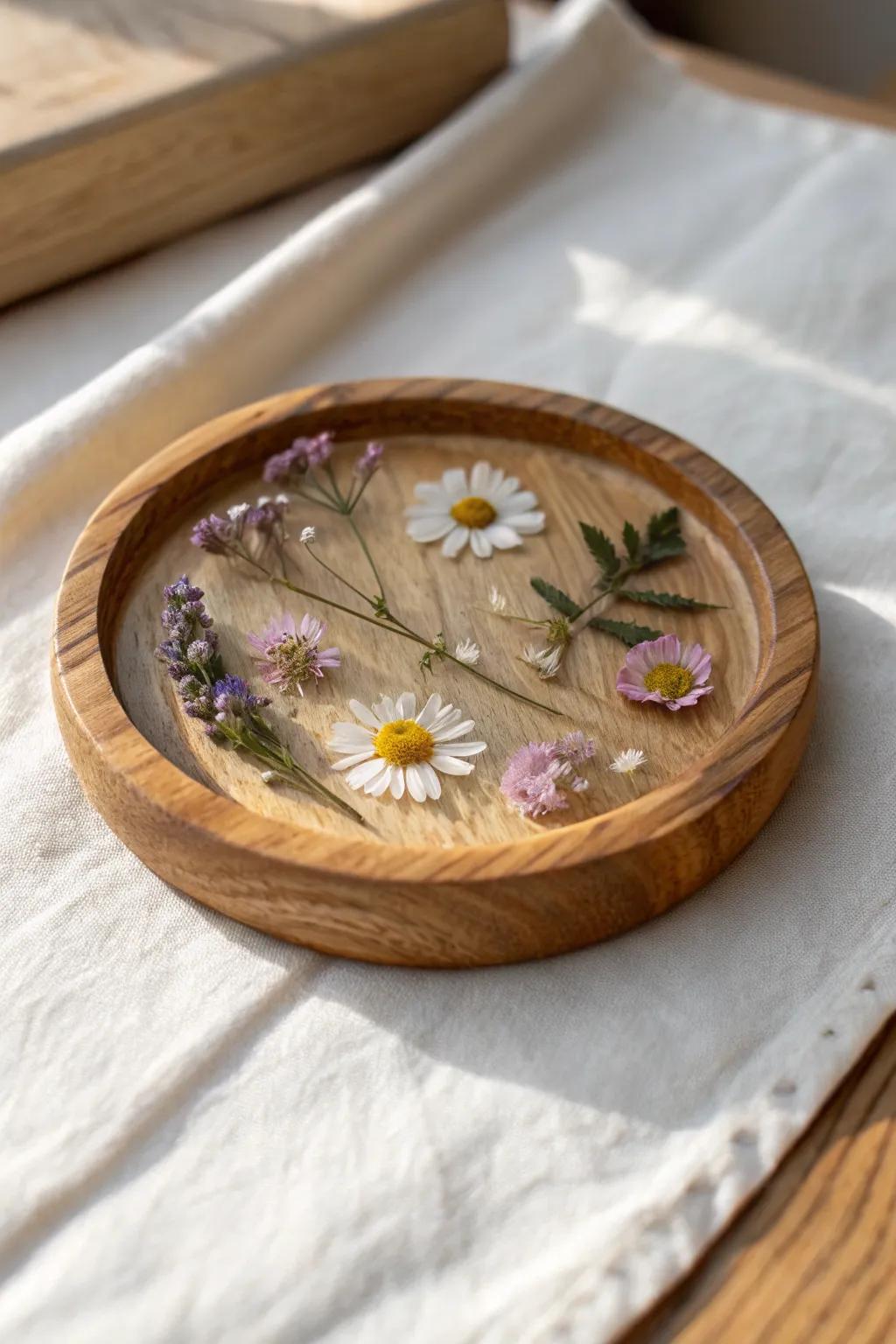 Pressed spring flowers inlaid into oak and sealed in resin—rustic grain meets modern shine.