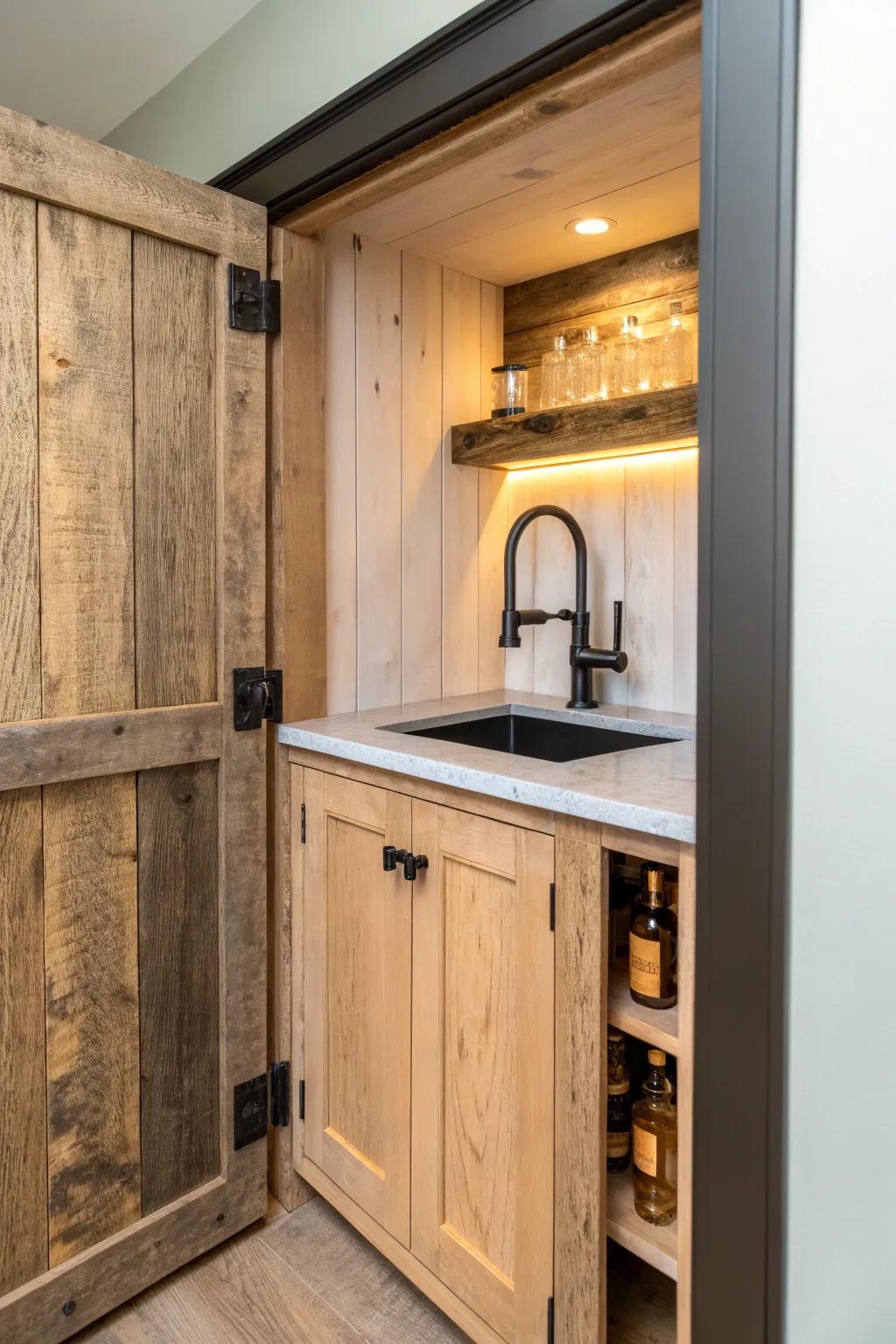 A plank wall that swings open to reveal a secret wet bar—rustic oak, brass details, cozy vibe.