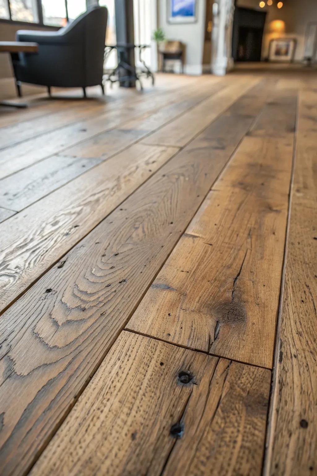 Rustic plank, refined—dark resin and brass inlay turn cracks into bold flooring character.