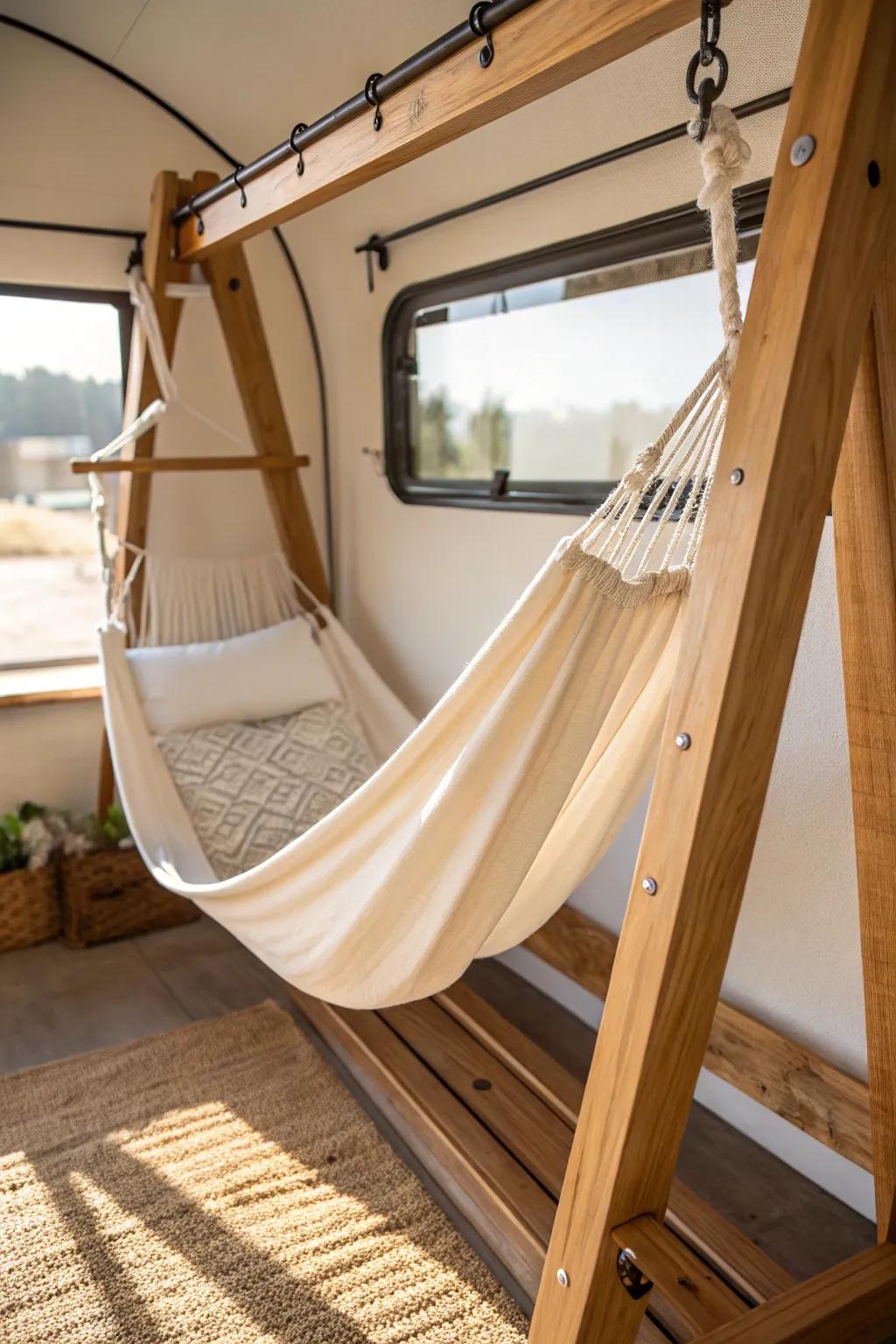 A dreamy hammock bunk nest—lightweight, space-saving, and crafted for a cozy RV wow-factor.