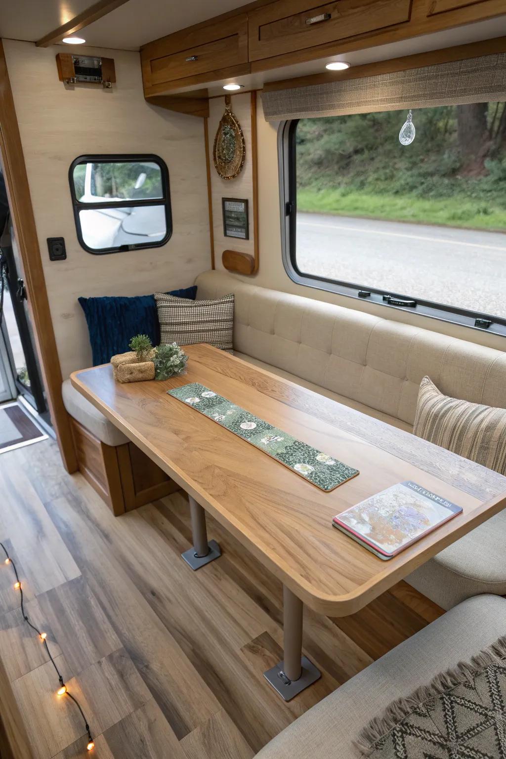 A slim oak RV table with a glossy resin “memory river” inlay for souvenirs and stories.