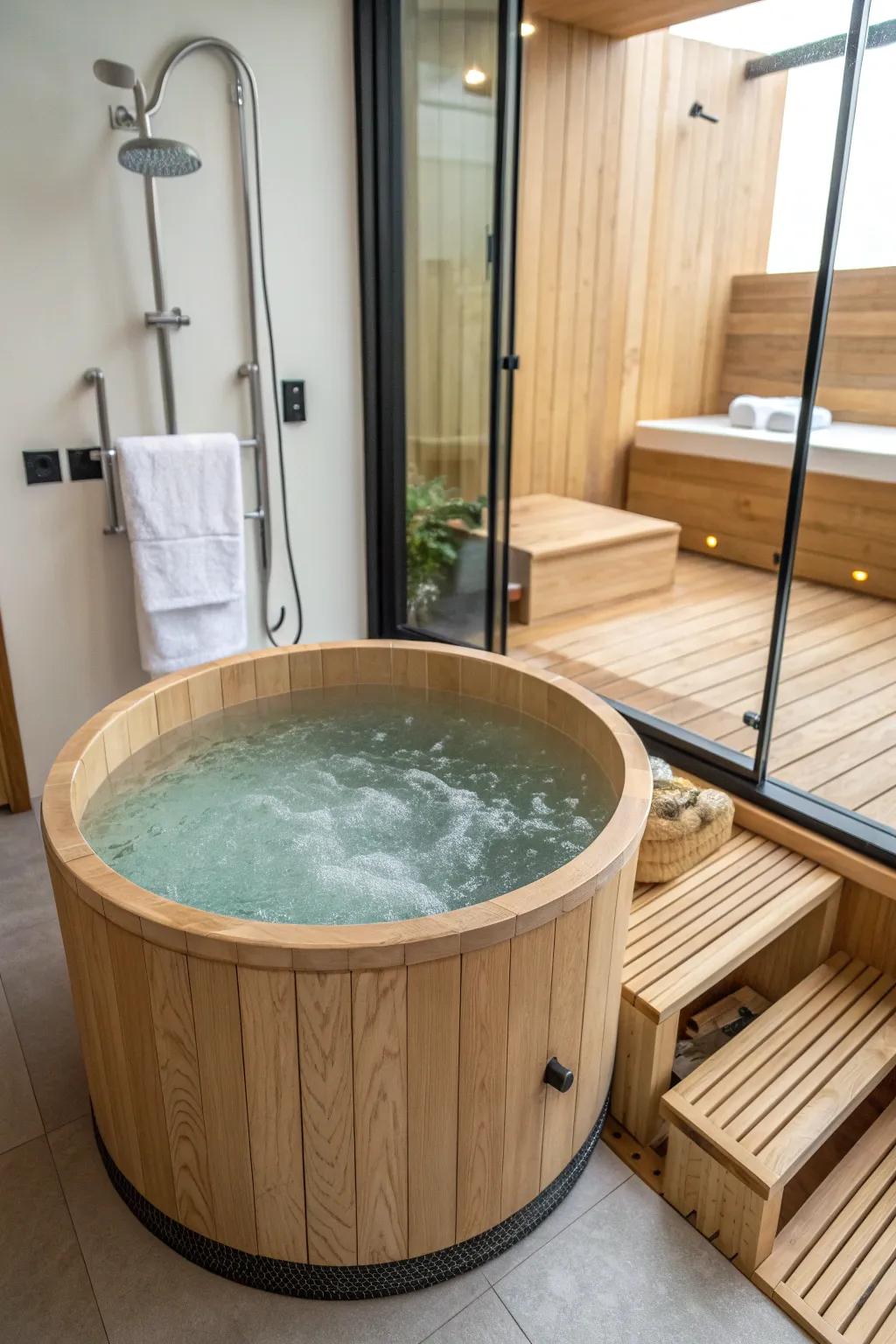 Split-level sauna + shower, finished with a sleek cold plunge corner for the full ritual.