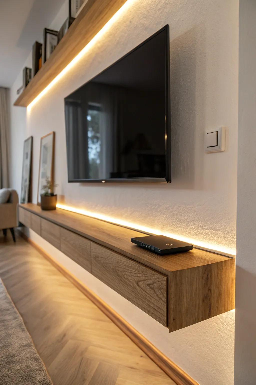 A slim oak ledge with hidden warm backlight—instant Scandinavian winter glow, zero clutter.