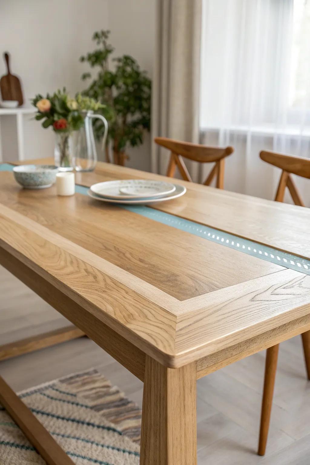 A thin frosty resin inlay turns a pale wood tabletop into a quiet winter river.