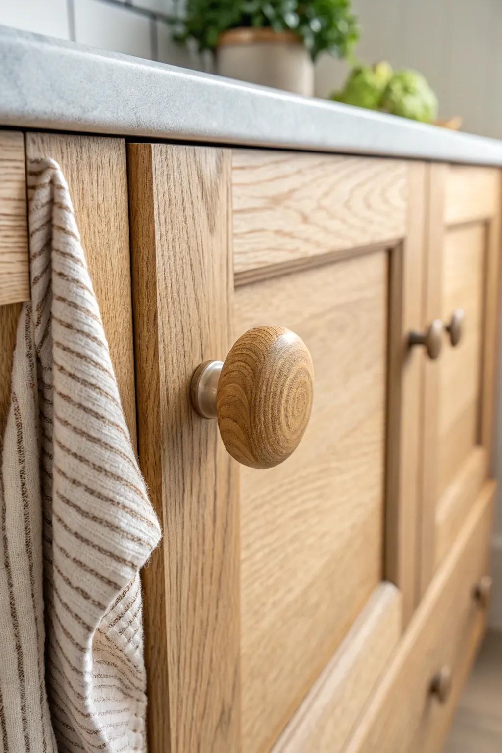Hand-turned oak knob matching the Shaker cabinet grain for a calm, cohesive kitchen look.
