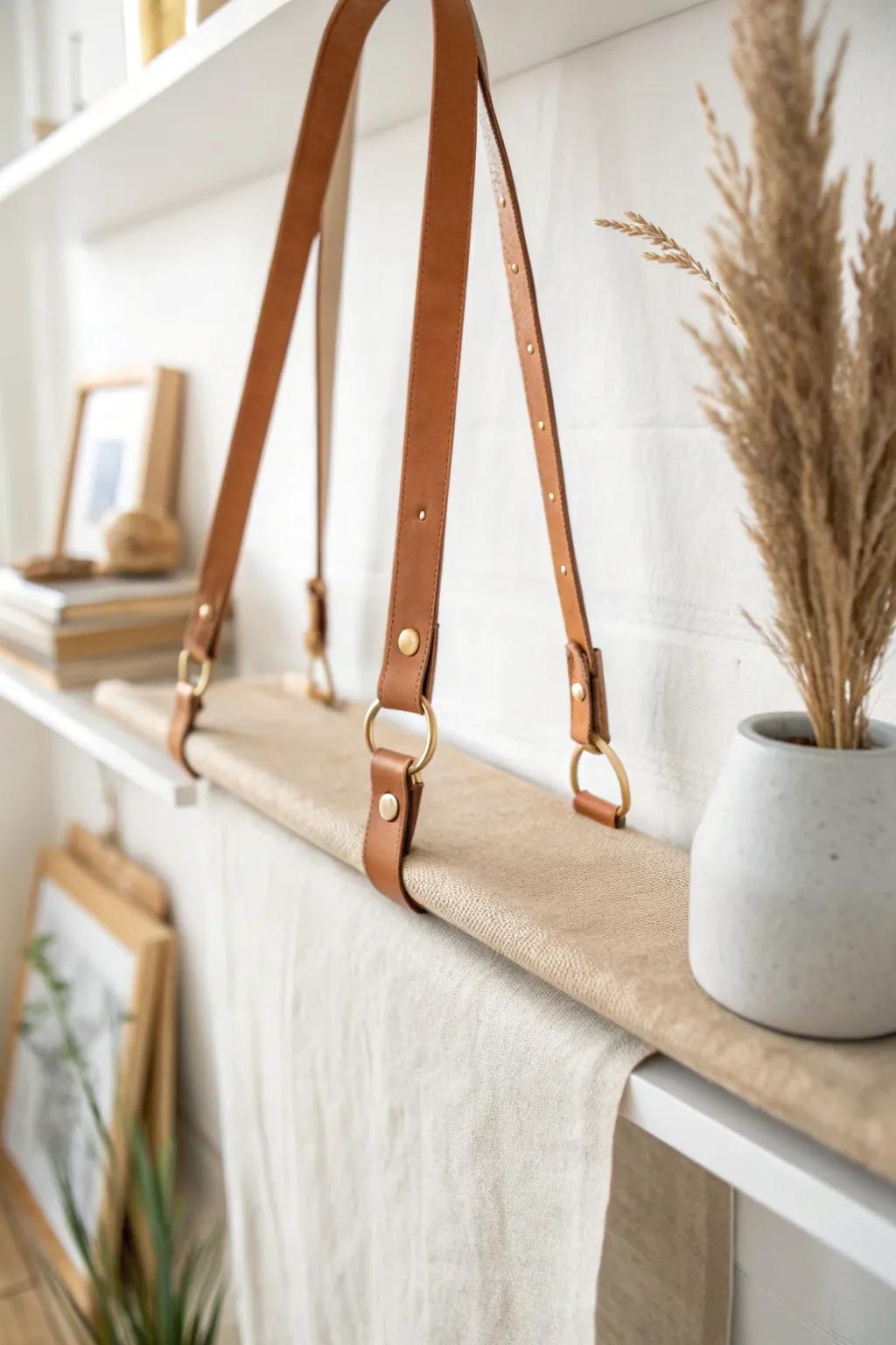 Leather straps + linen panel = an instant high-end shelf cover with effortless Nordic style.