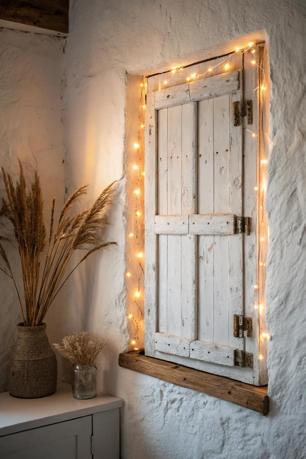 Backlit wooden shutters cast a soft glow and dreamy slat shadows for cozy modern wall decor.