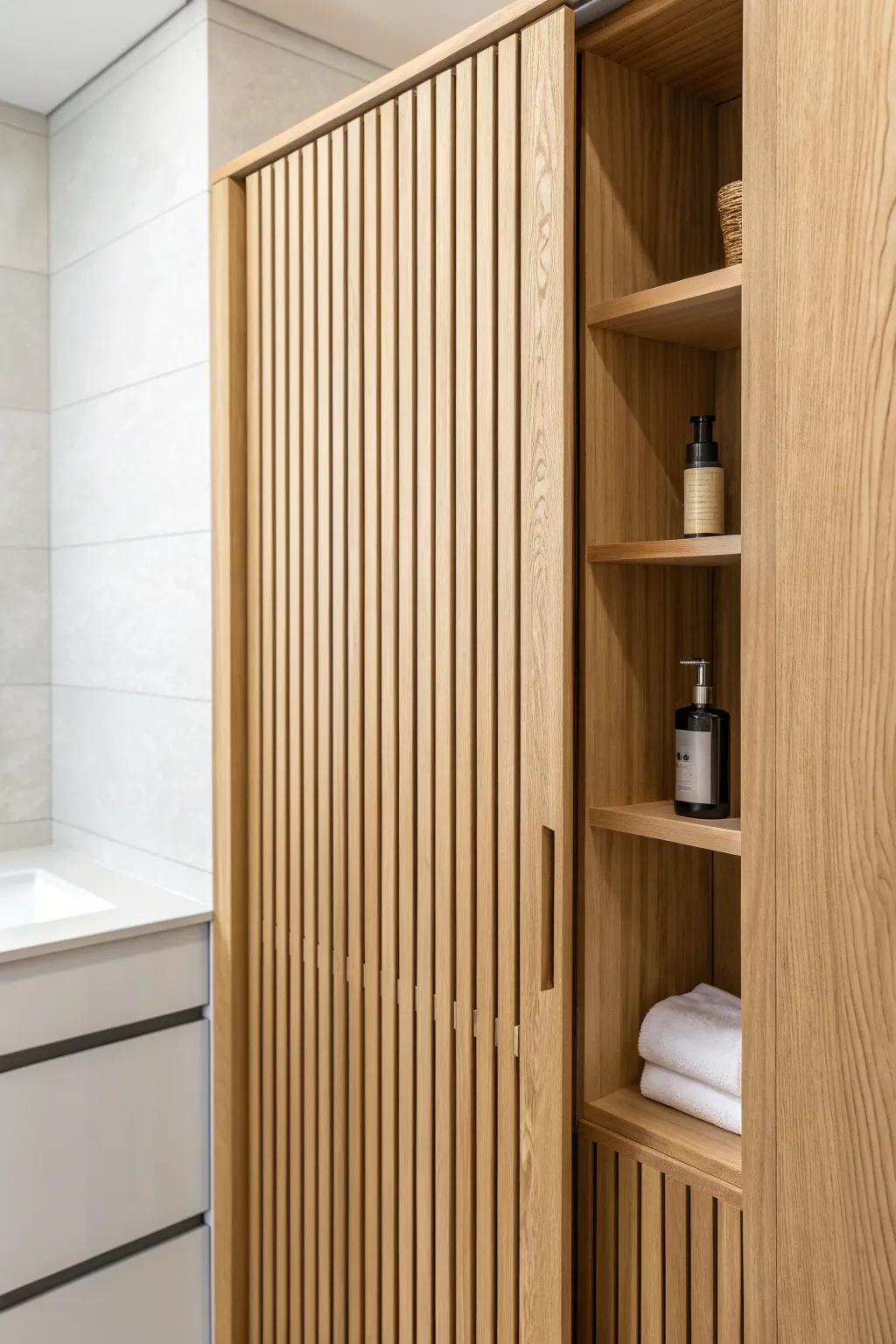 A hidden push-latch cabinet that disappears into the slat wall—clean, clever bathroom storage.