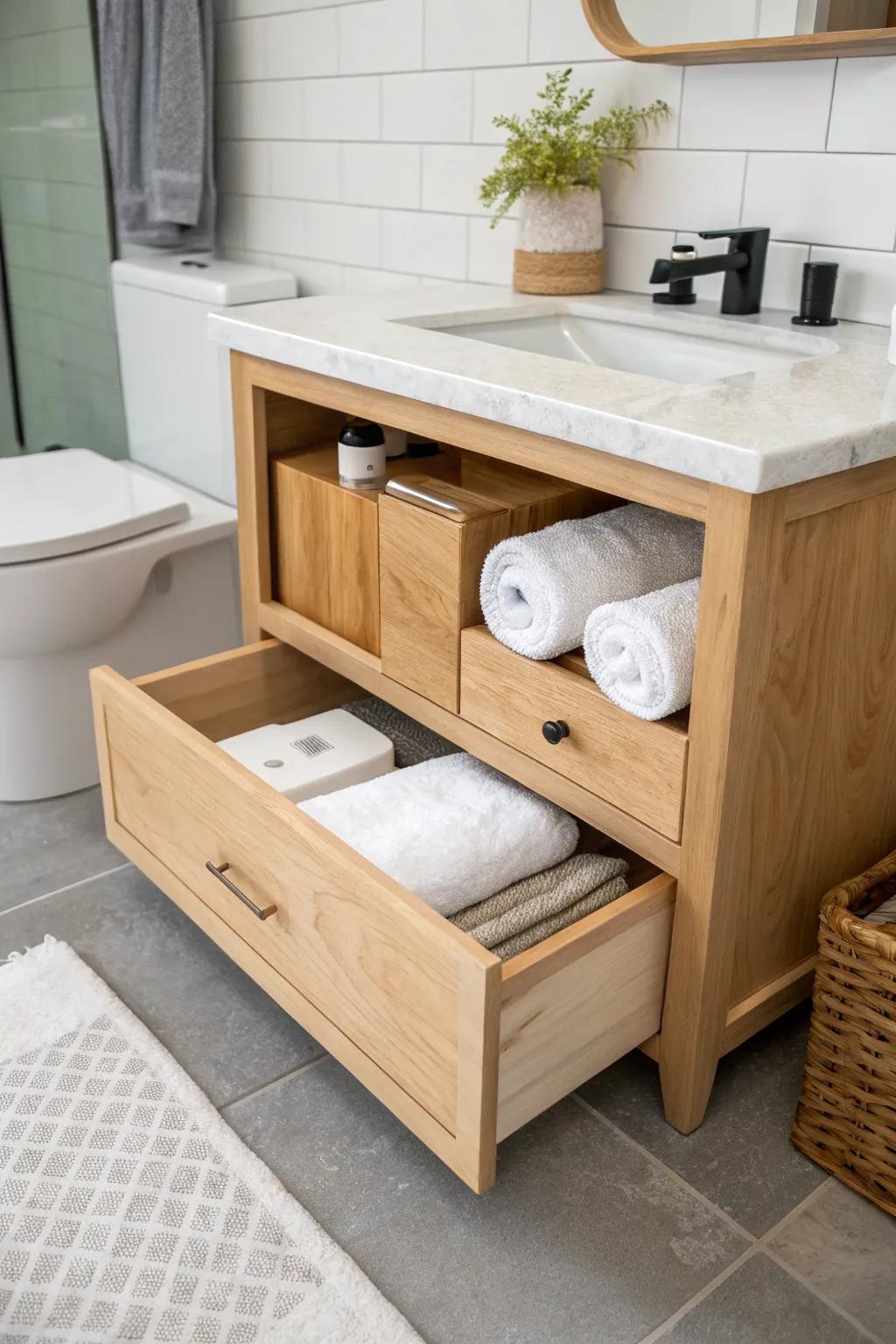 Toe-kick wall cubbies: hidden low-profile storage for towels and extra paper in tiny baths.