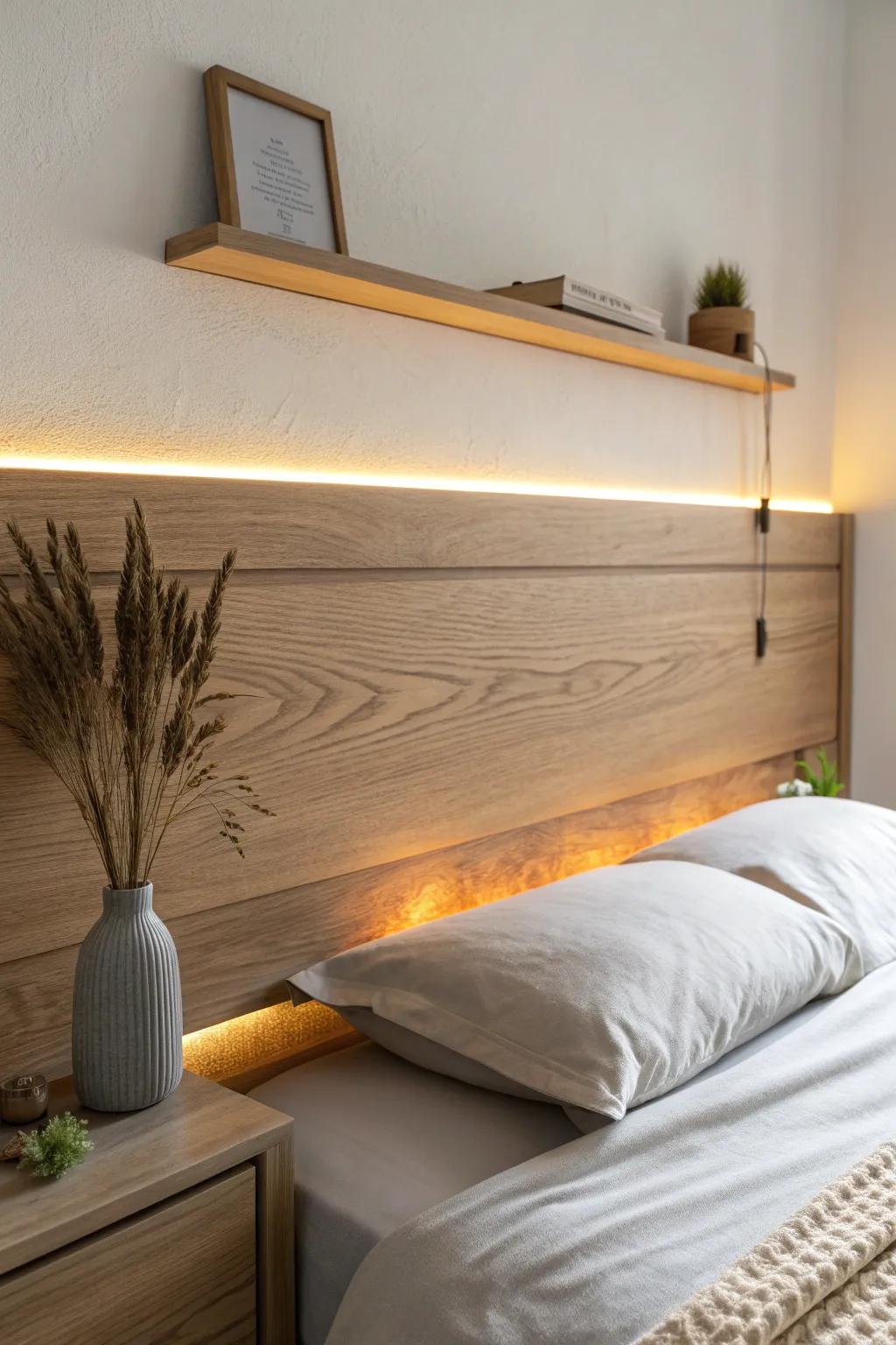 Warm hidden LEDs behind a wood ledge create a cozy, hotel-like glow in a small bedroom.