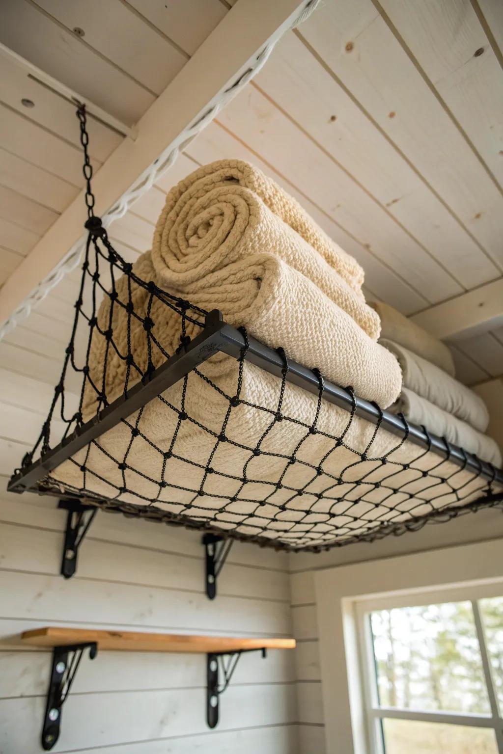 Ceiling cargo net loft: stash cozy blankets overhead and add an adventurous cabin vibe.