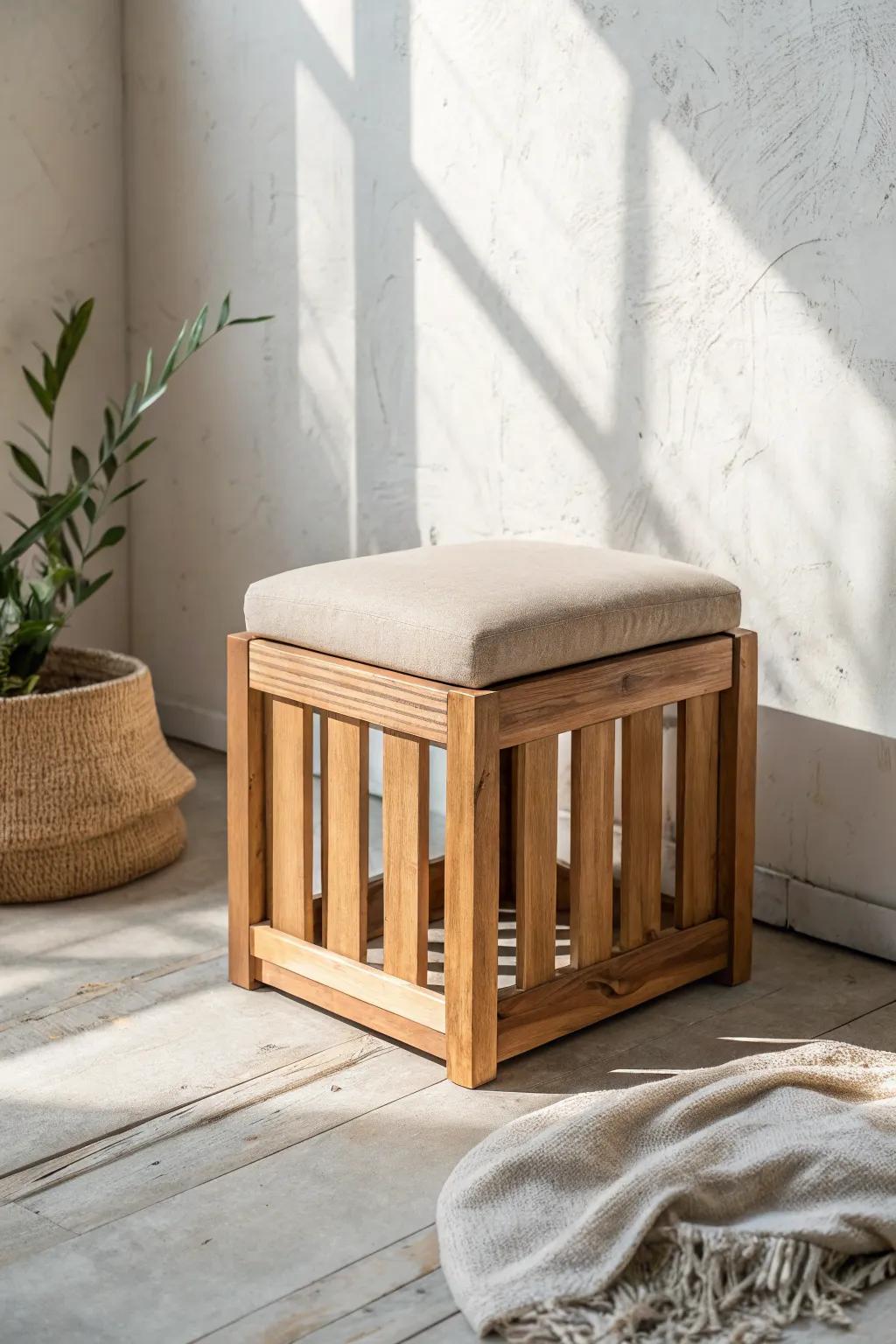Handcrafted crate-cube stool with linen cushion lid—ideal as cafe seat, side table, or footrest.