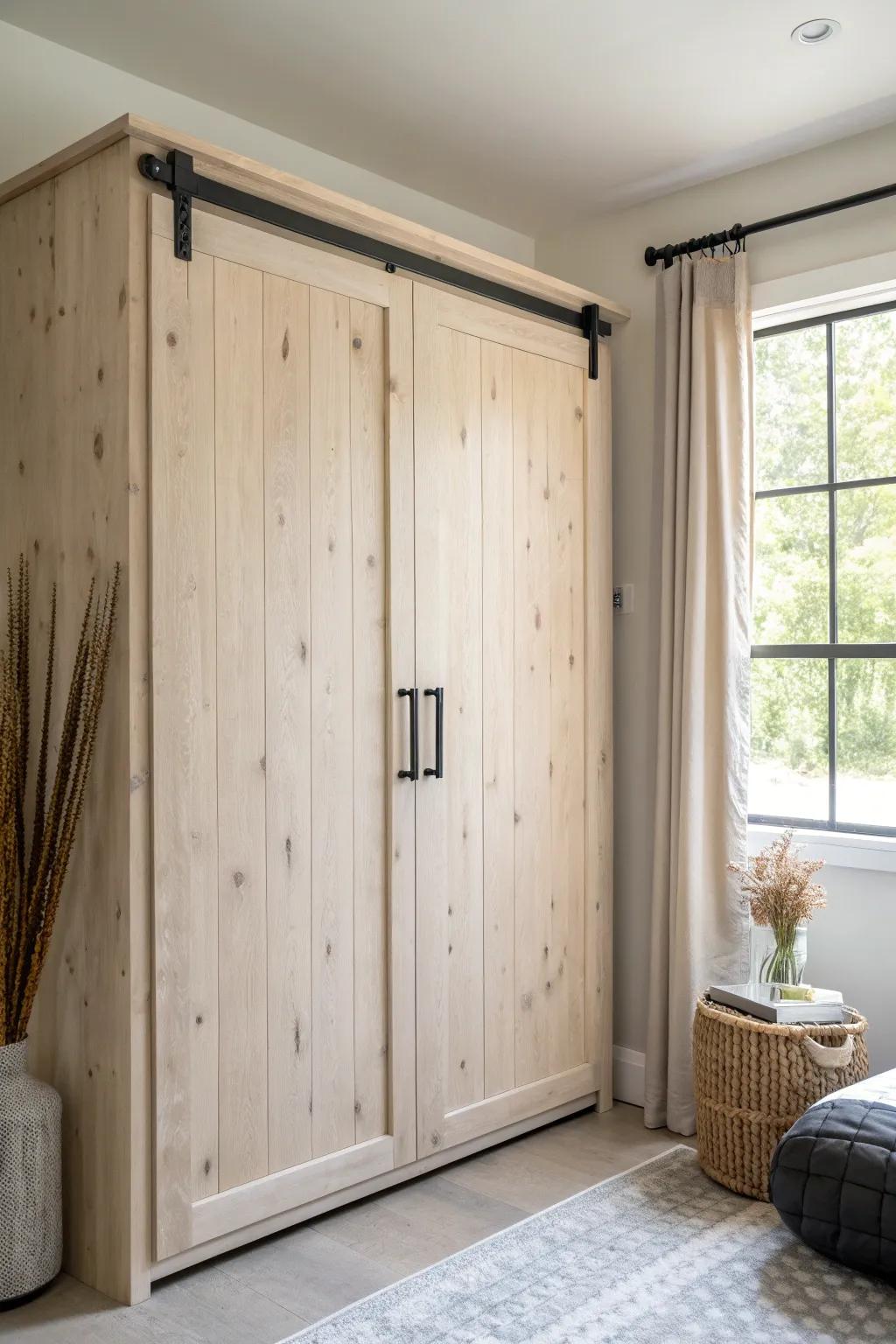Faux barn doors hide a space-saving wall bed—farmhouse charm with a clean, modern twist.