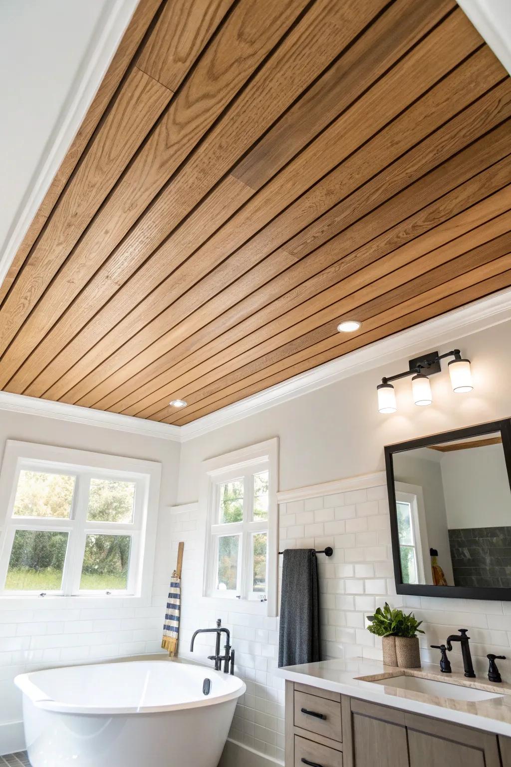 A sealed wood slat ceiling adds warm texture overhead—custom farmhouse charm, zero floor space.